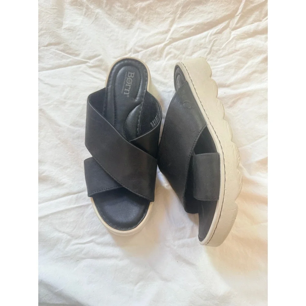 Born Black Leather‎ Crisscross Platform Slide Sandals BR0004803 Women 8M